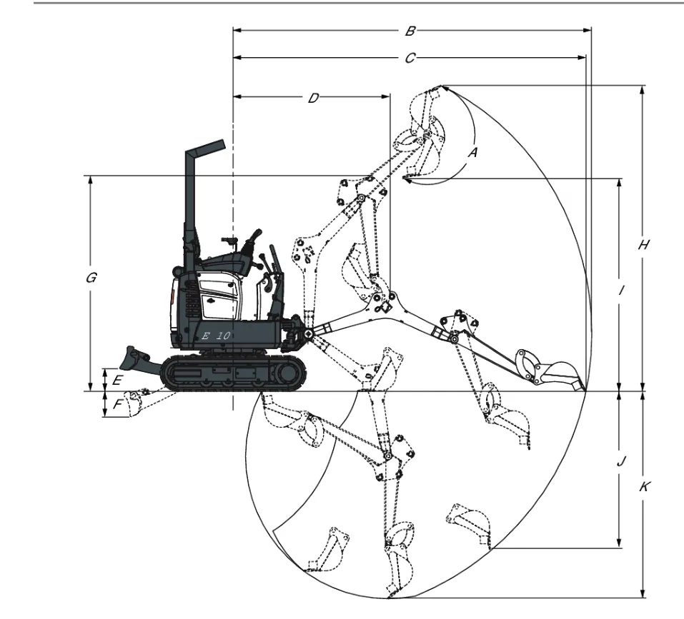 Plano de rango de trabajo de la Excavadora compacta Bobcat E10 con sus medidas