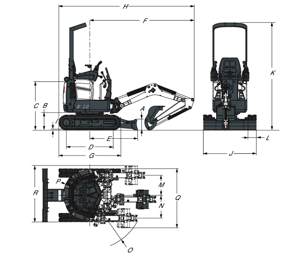 Plano de dimensiones de la Excavadora compacta Bobcat E10 con sus medidas