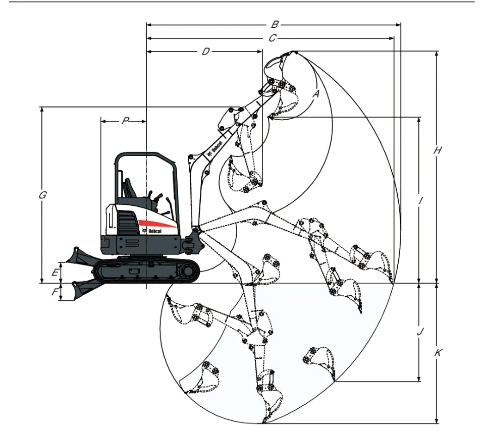Plano de rango de trabajo de la Excavadora compacta Bobcat E35z con sus medidas