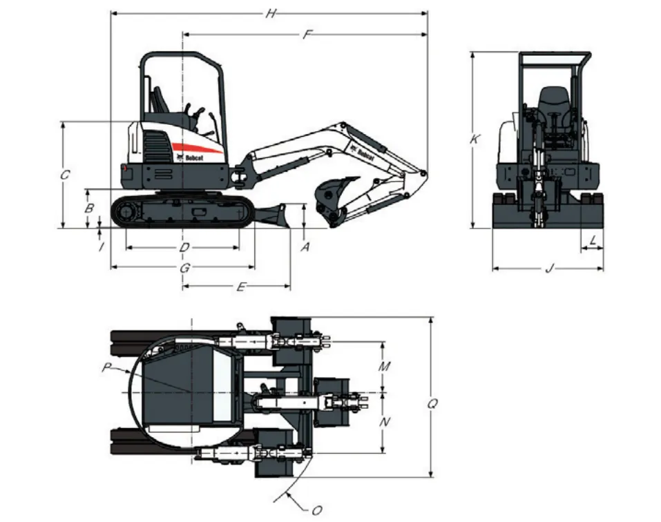 Plano de dimensiones de la Excavadora compacta Bobcat E35z con sus medidas