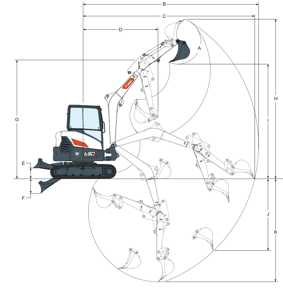 Plano de rango de trabajo de la Excavadora compacta Bobcat E50z con sus medidas