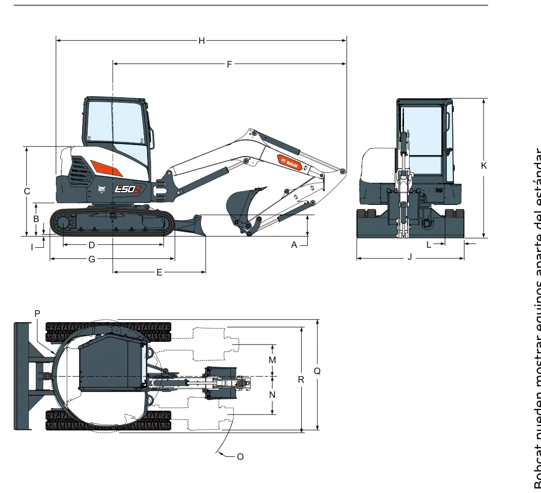 Plano de dimensiones de la Excavadora compacta Bobcat E50z con sus medidas