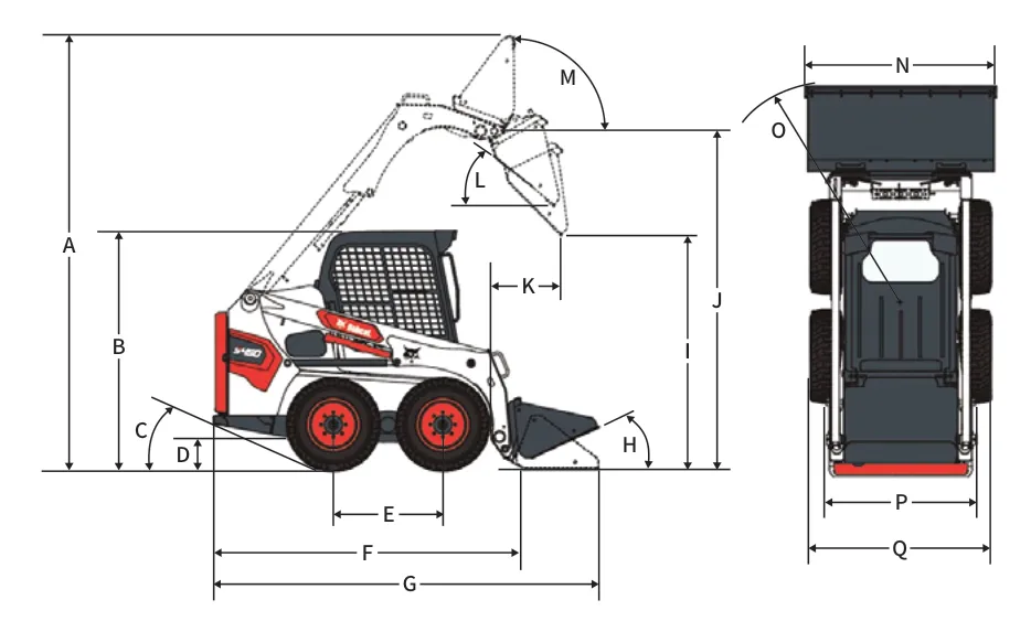 Plano de dimensiones del Minicargador Bobcat S450 con sus medidas