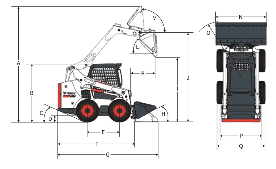 Plano de dimensiones del Minicargador Bobcat S530 con sus medidas