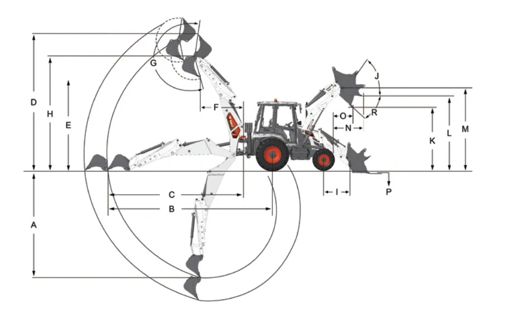 Plano de rango de trabajo de la Retrocargadora Bobcat B760 con sus medidas